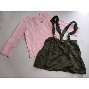 Little Me Carters Toddler Girls 4T Pink Floral Shirt Olive Green Suspender Skirt